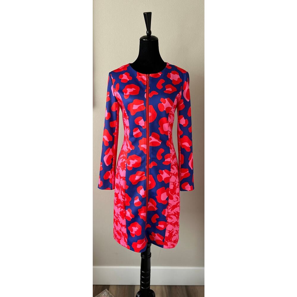 RARE HAYLEY ELSAESSER Animal Print Colorblock Zip Front Long Sleeve Dress Size S